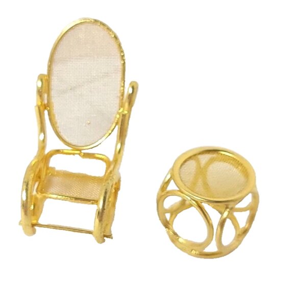 Vintage Mid Century Miniature Gold Tone Rocking Chair And Coffee Table Dollhouse - Picture 1 of 4
